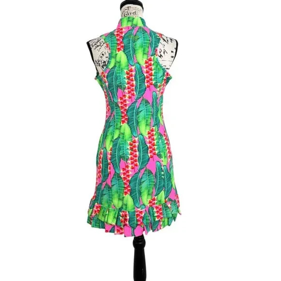 Tzu Tzu Sleeveless Dress Tropical Leaf Print Ruffle-Hem Green Pink USA Size S - Picture 3 of 7